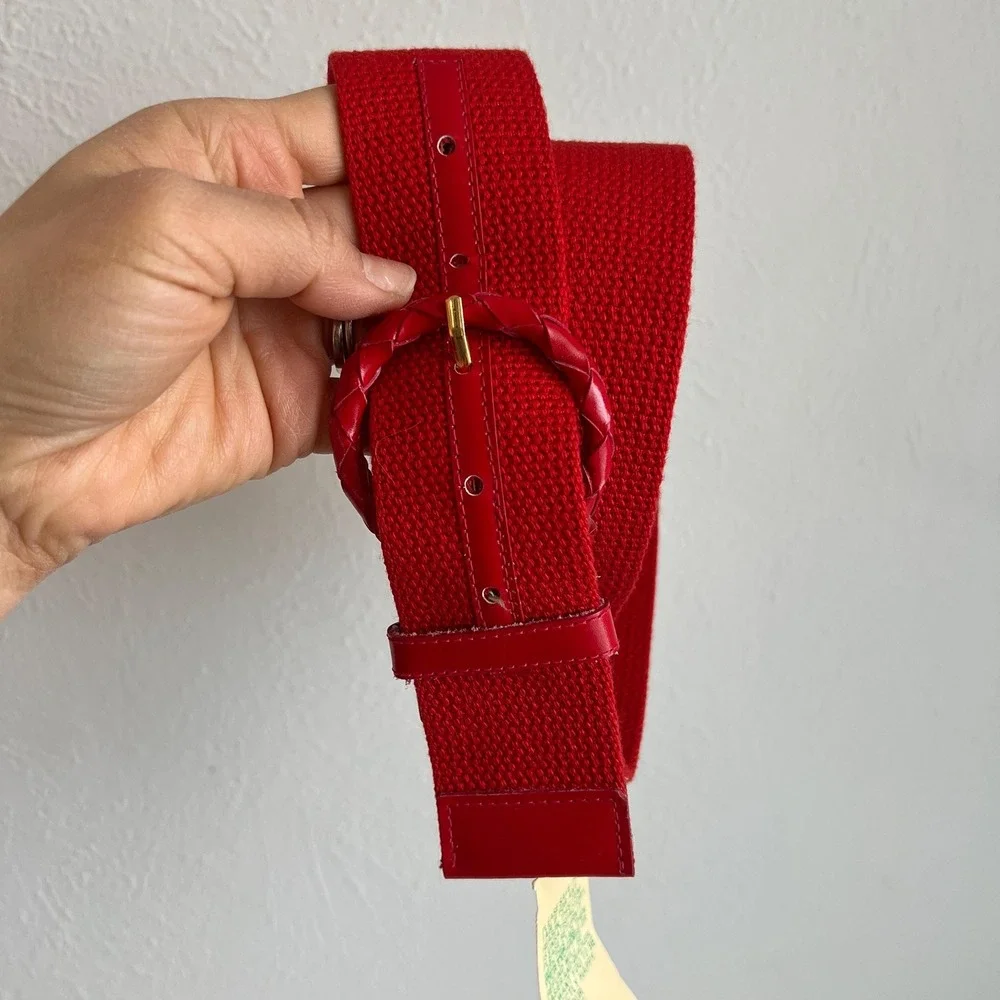 Vintage Red Woven Canvas Belt Braided Leather Buckle 70s‎ 80s